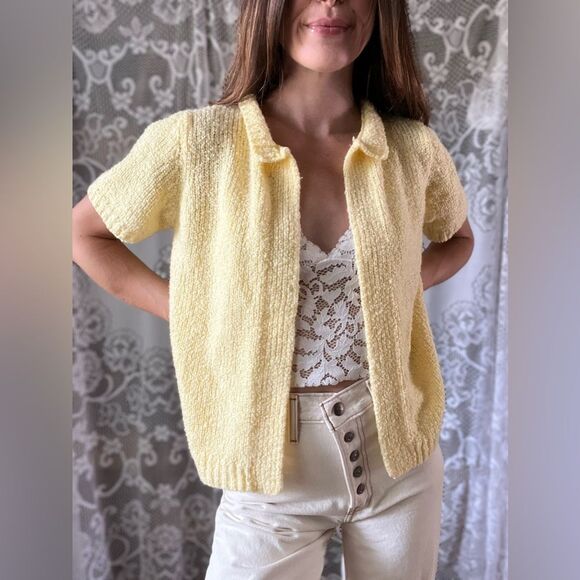 Vintage LeRoy Knitwear Acrylic Open Front Short Sleeve Yellow Cardigan - Picture 10 of 13